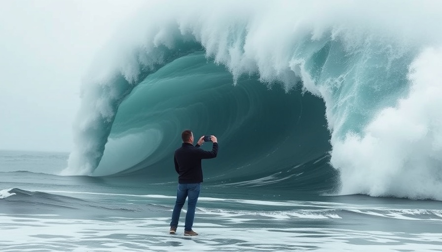 Person photographing massive sneaker wave, highlighting safety concerns.