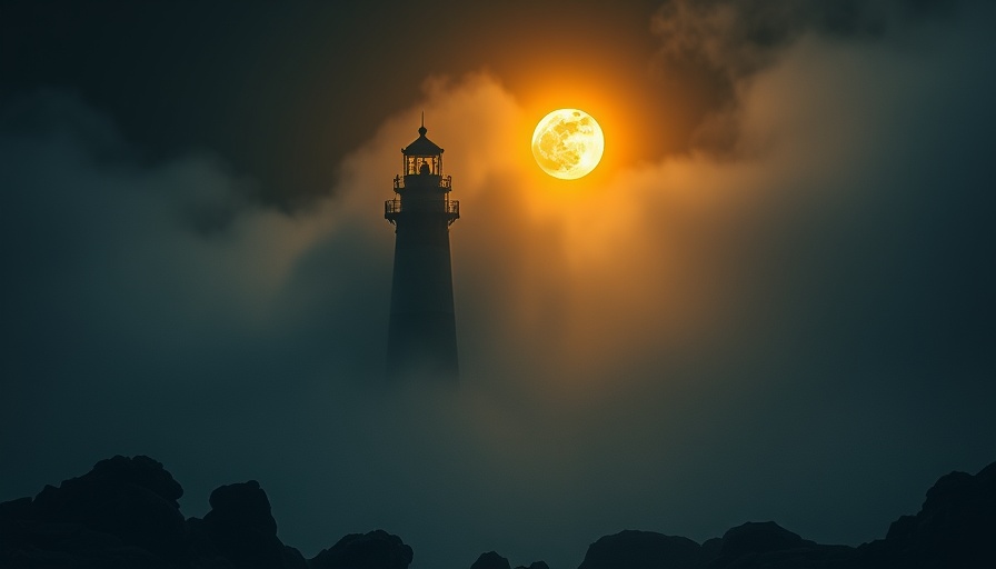Silhouetted lighthouse in mist with golden glow.