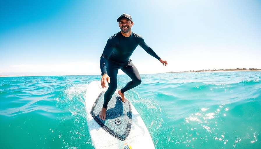 Foil surfer balancing on board in open water, bright blue sky.
