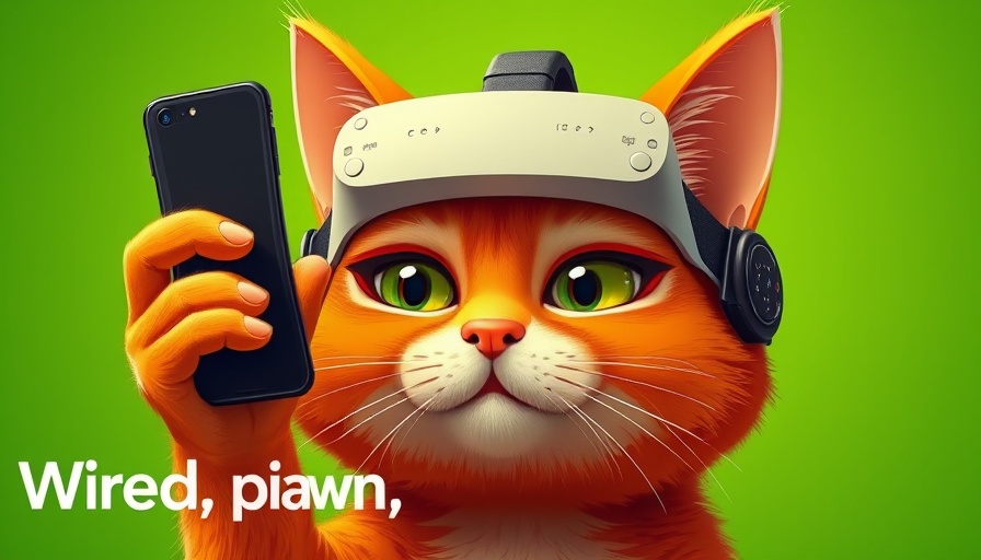 Uncanny Valley Live Show: Ginger cat with VR headset holding a phone.