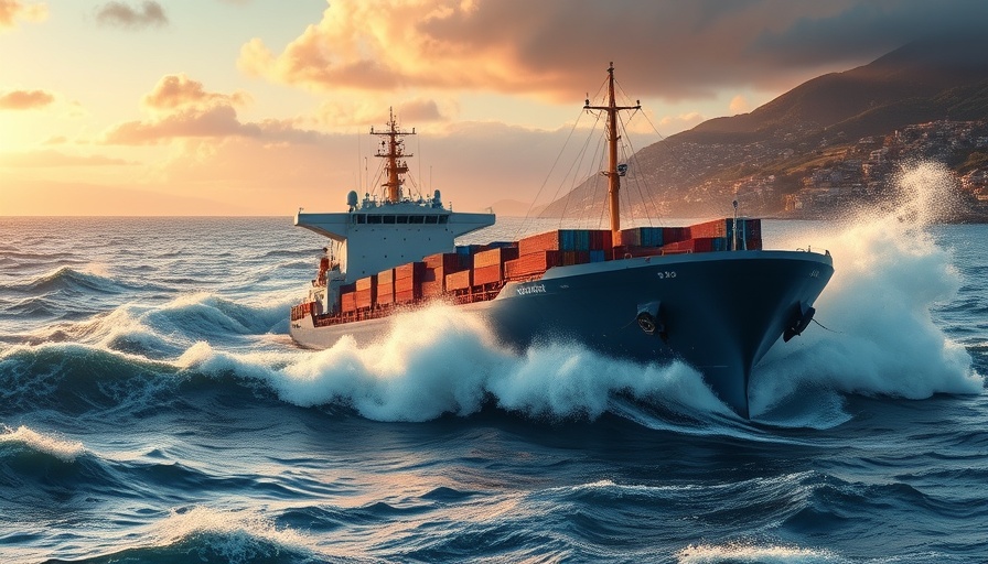 Cargo ship facing rogue waves near coast at dawn.