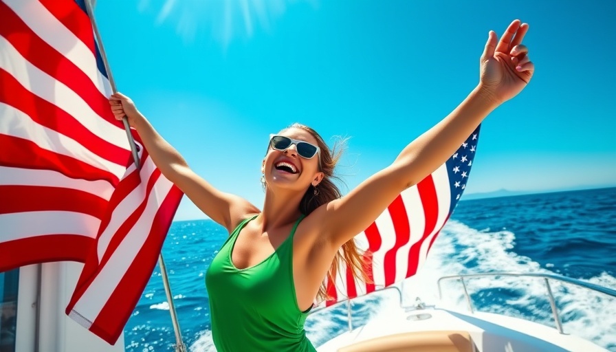 Joyful boating scene with American flag against clear sky.