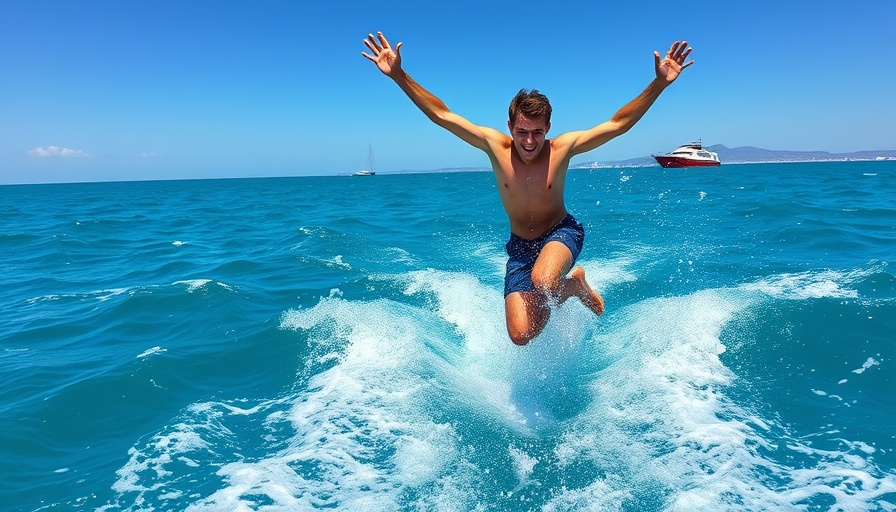Energetic man enjoying South Florida water activities, leaping into the ocean.