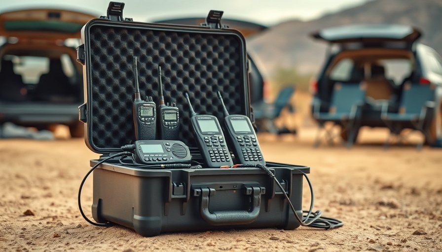 Sturdy case of GMRS radios outdoors, natural lighting.