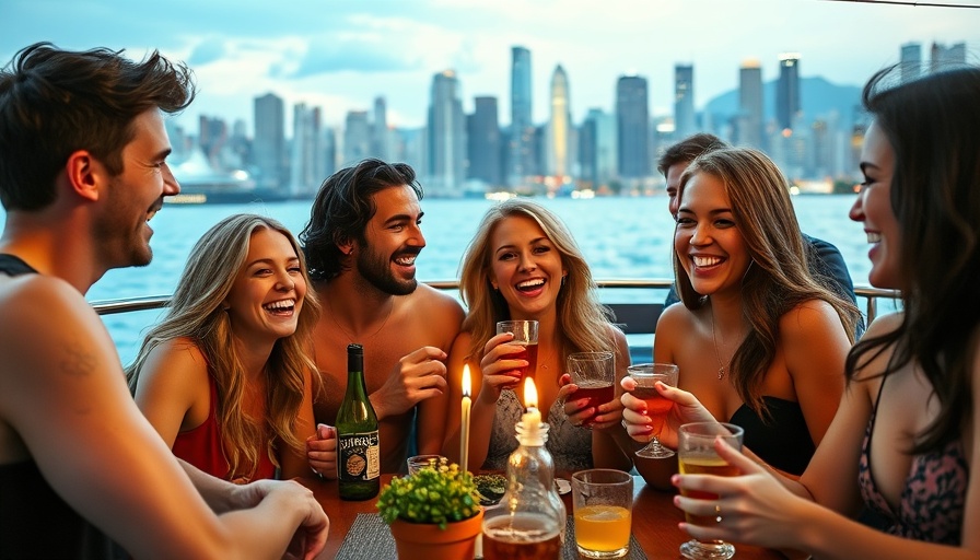 Birthday boat party guide: friends celebrating on a boat with city skyline.