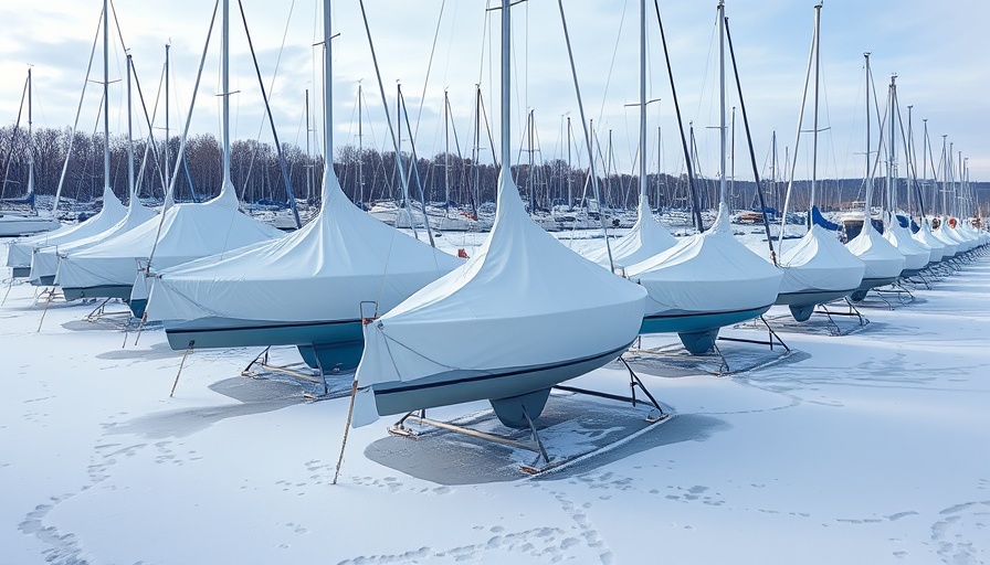 Boats in winter storage with protective covers, snowy marina.