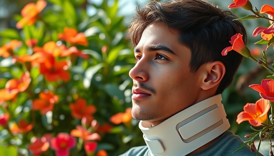 Young man in neck brace in a garden setting, Dakota Briley Recovery Auction.