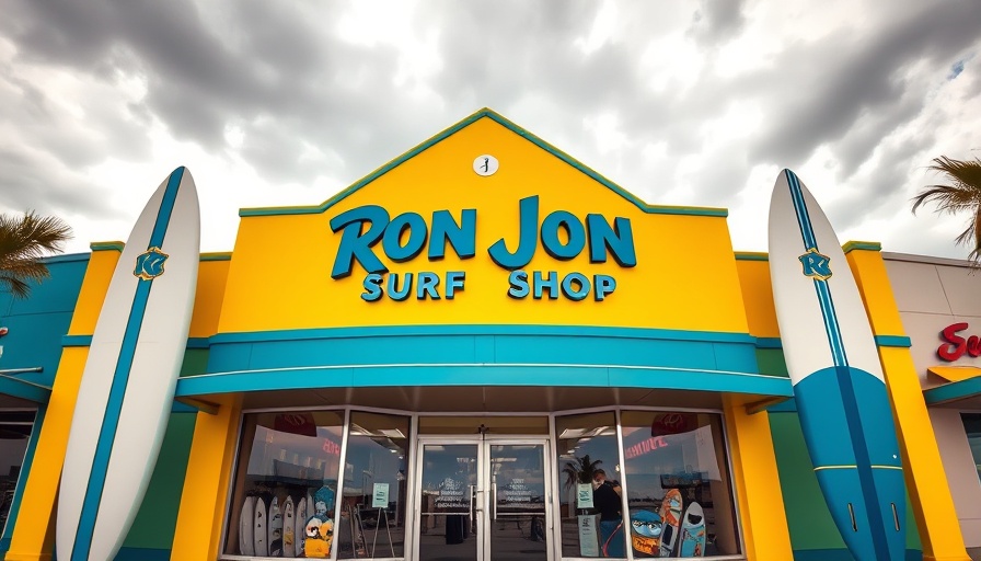 Ron Jon Surf Shop colorful storefront with surfboards in Cocoa Beach.