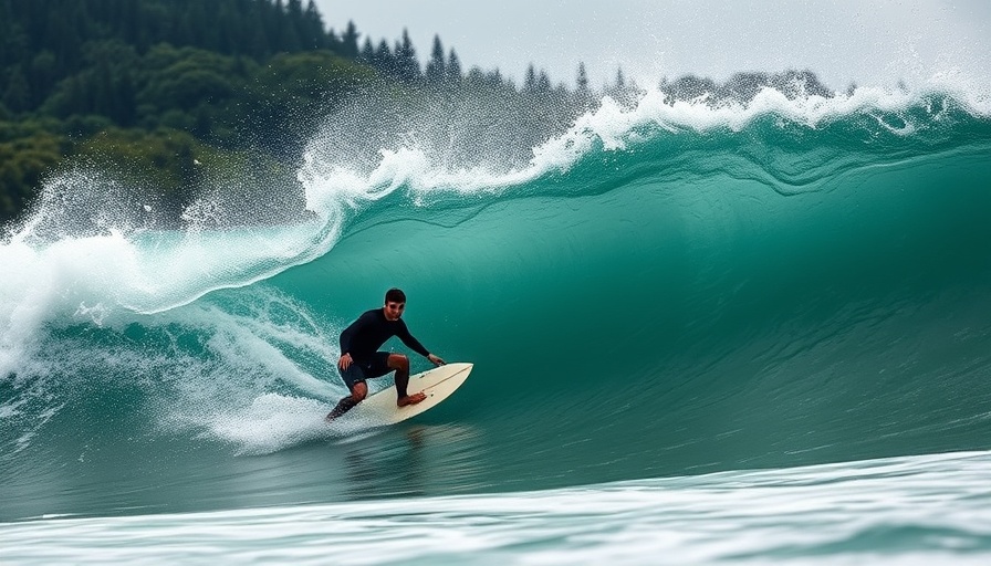 Surfer riding wave in Canada, cold water surfing scenery.