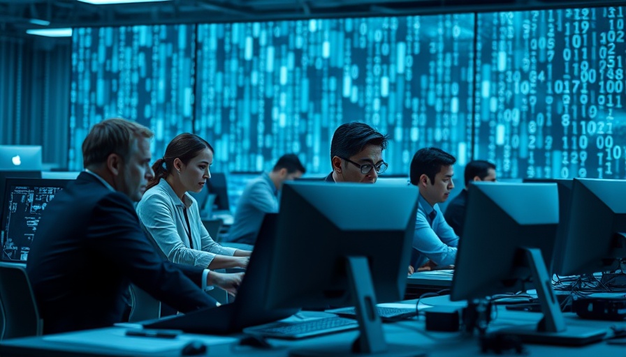 AI coding productivity team working computers binary background.