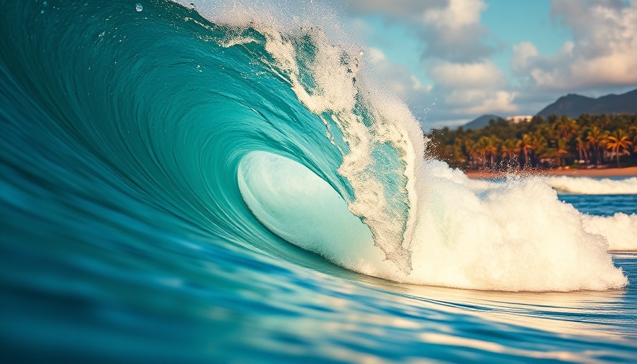 Massive ocean wave curling mid-break at a tropical coastline.