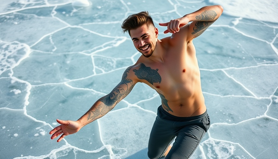 Surfing Comedian McKenzie Bowden posing on icy surface.