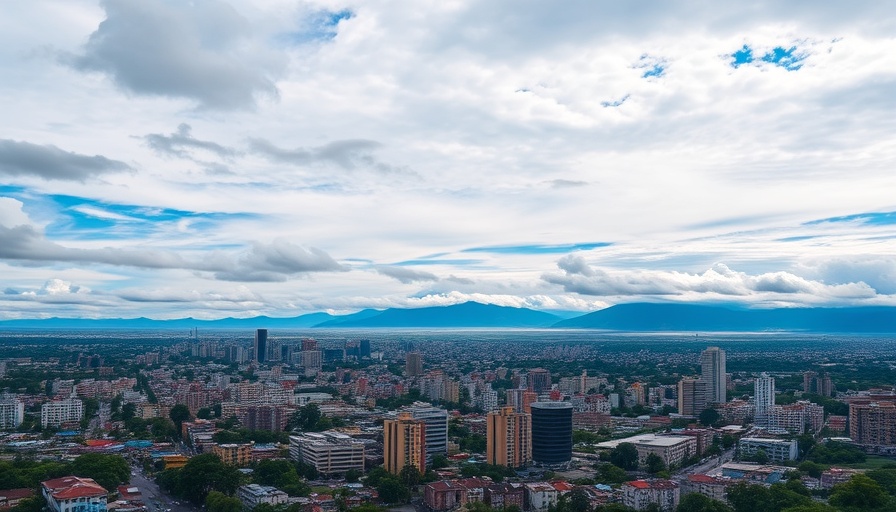 Aerial view of a Colombian cityscape with distant mountains.