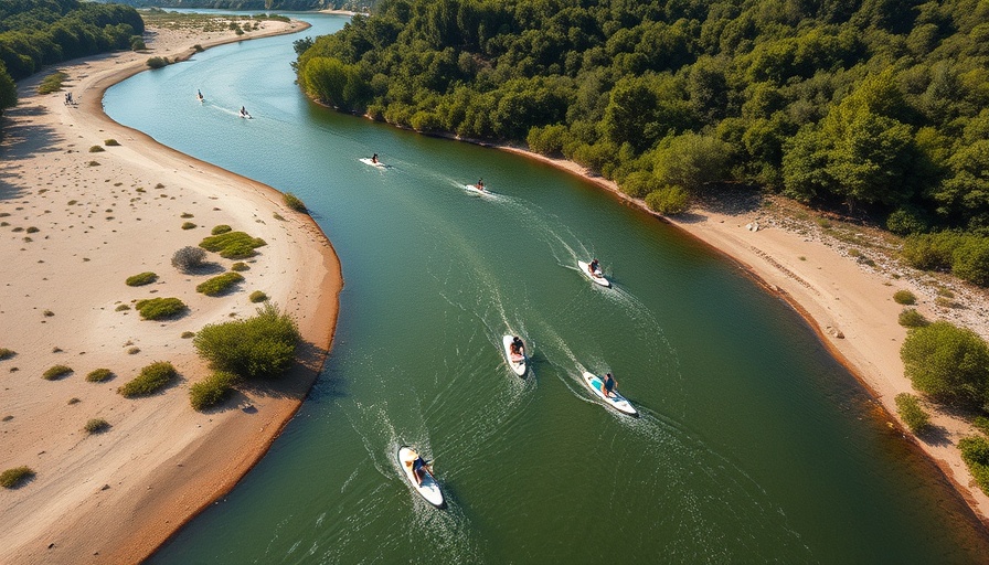 Aerial view of the Royan SUP Festival 2025 with paddleboarders racing along a river.