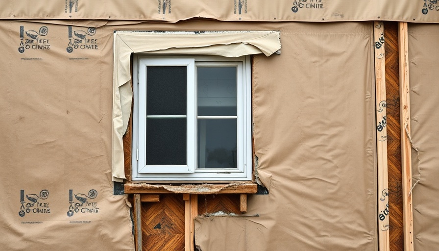 Exterior wall showing window installation flaws with torn wrap.