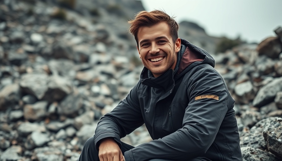 Man in thermoregulating technical clothing seated on rocks outdoors.