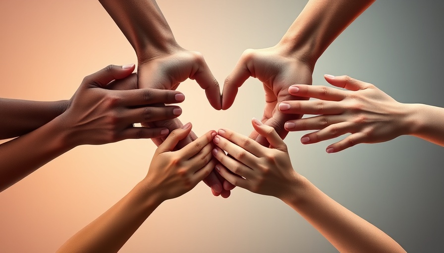 Diverse hands forming heart shape symbolizing how mindful leaders can heal trauma.