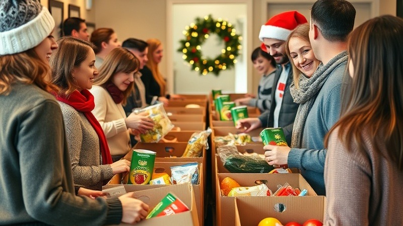Festive food bank scene with joyful volunteers distributing holiday food treats.