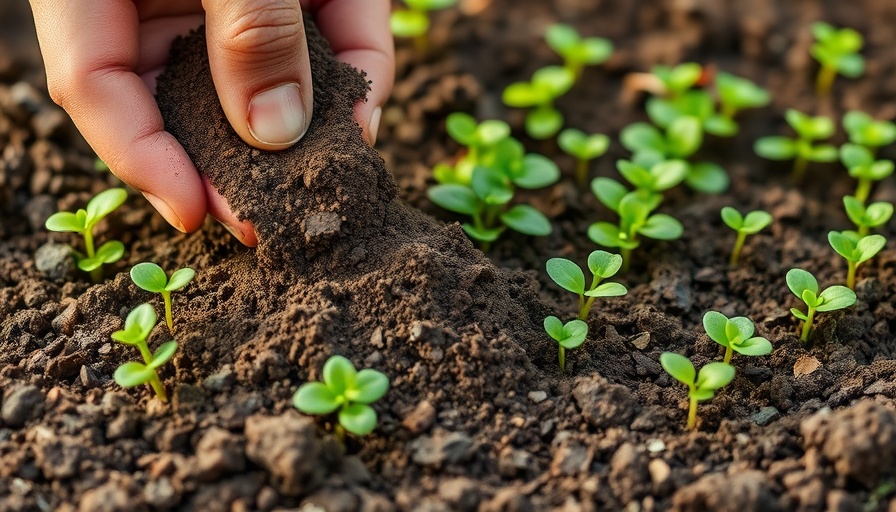 Garden scene with hand adding compost next to seedlings, emphasizing sustainable home design.