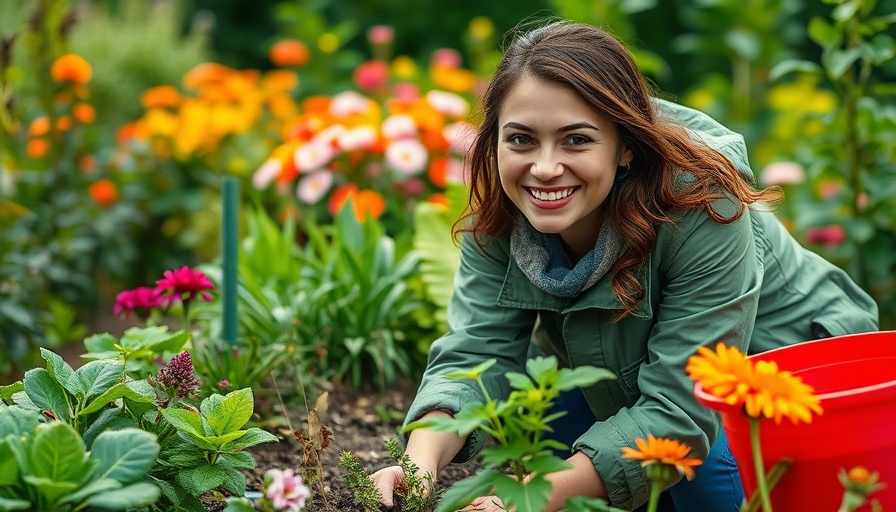 Young woman practicing eco-friendly gardening in a lush garden.