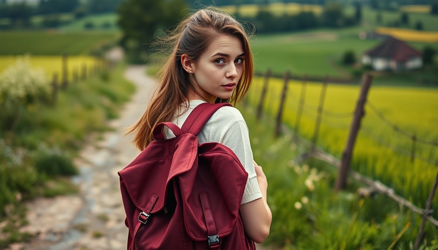 Young woman practicing ethical tourism, walking on a rural path.