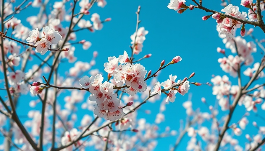 Eco-friendly gardening: blooming branches against blue sky.