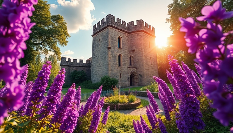 Eco-friendly gardening with vibrant purple flowers near a historic castle.