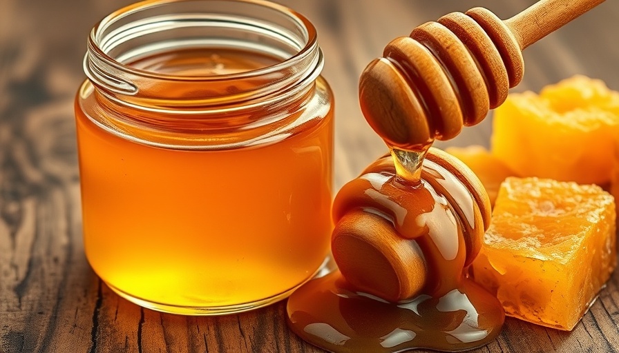 Sustainable natural sweeteners: honey jar with honeycomb on table.