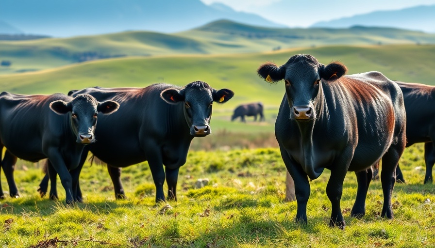 Black cattle on green hills representing sustainable business practices in agriculture.
