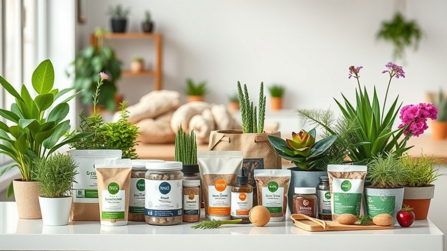 Sustainable gardening products displayed on a table indoors.