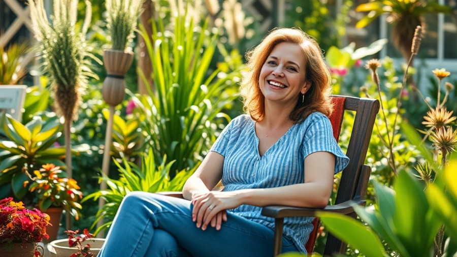 Joyful woman in eco-friendly garden setting, sitting comfortably.