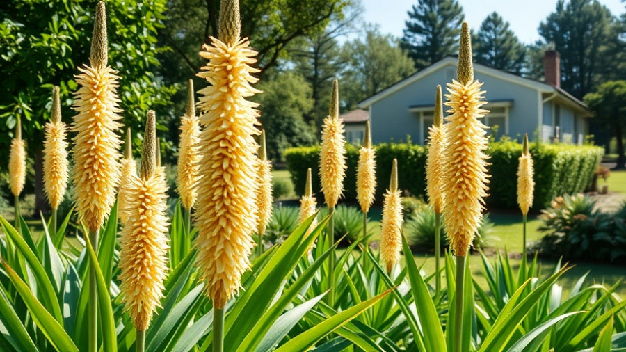 Lush garden with blooming yuccas in sustainable home design setting