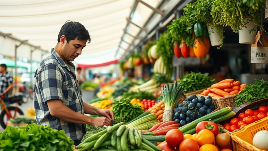 Vendor at local farms in Charlotte market arranging vegetables, sunny day