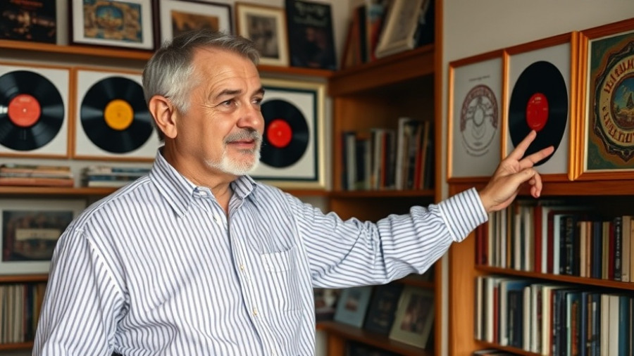 Man pointing at Beach Boys records in a home library, warm lighting.