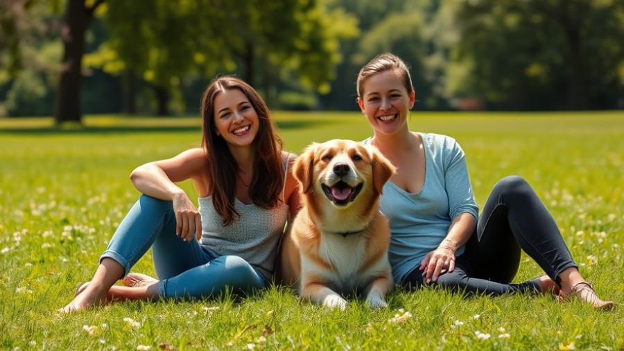 Women enjoying park with dog, promoting dating app for dog lovers.