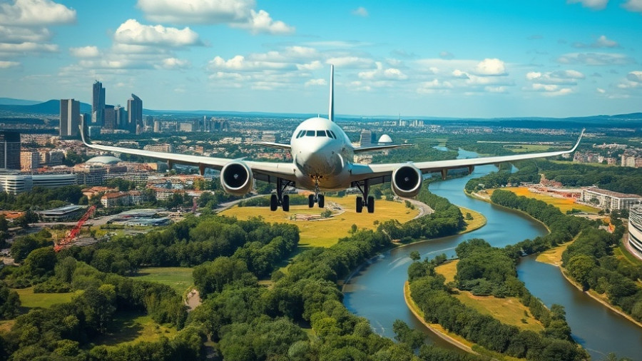 Airplane approaching city symbolizes nonstop flights from Charlotte Douglas International Airport.