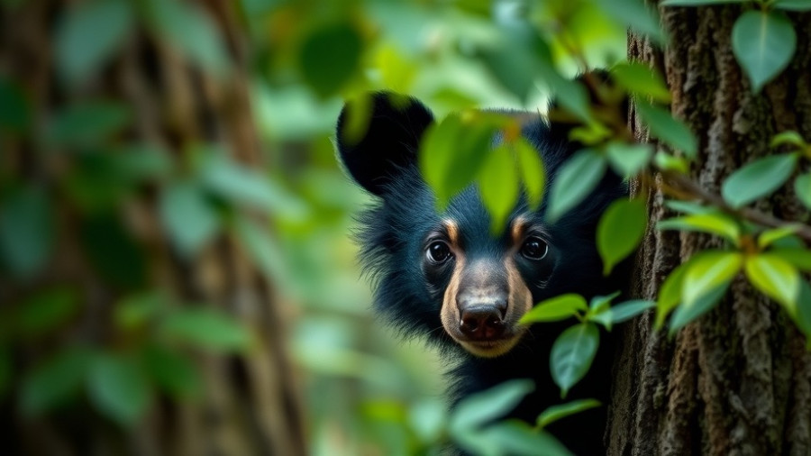 Curious young black bear peeking from a tree in North Carolina forest