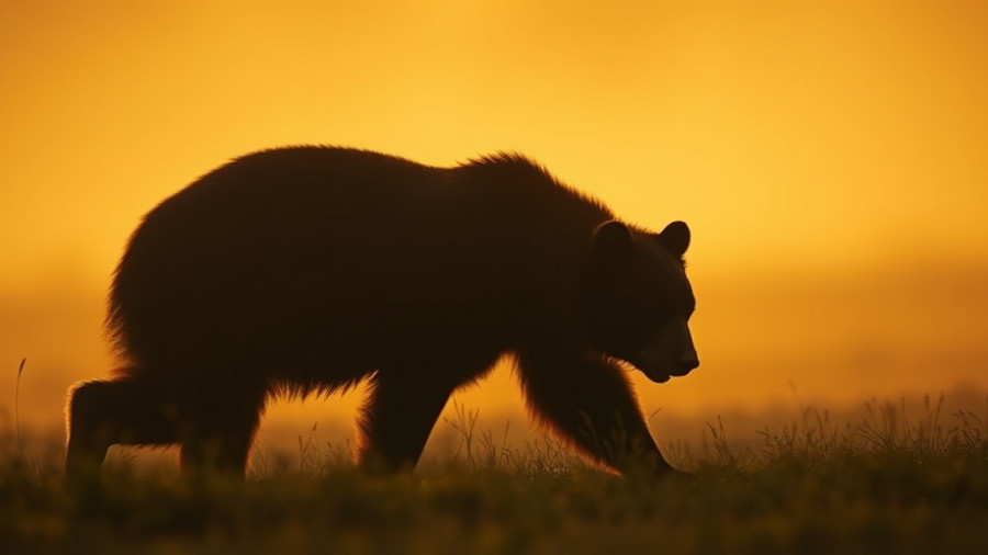 North Carolina black bear silhouette in golden foggy field.