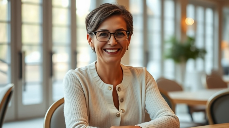 Woman at a table with a warm smile, evoking family recipes memories.