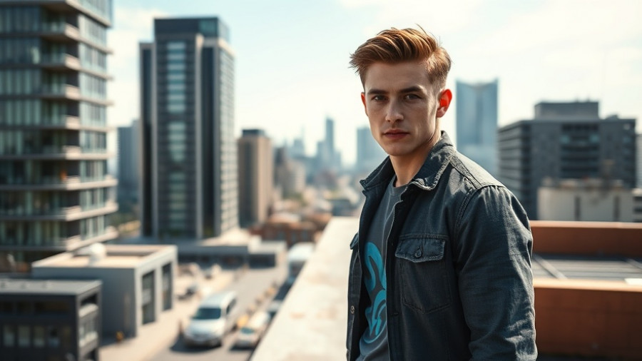 Young man with confident smile on rooftop with cityscape background, AI medical scribe healthcare setting.