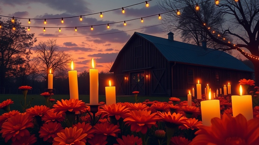 Día de Muertos gathering poster with candles and flowers.