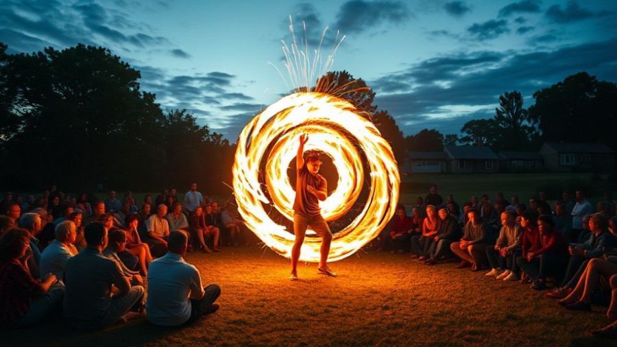 One Tribe Final Friday drum circle with fire performer at sunset.