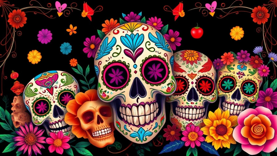 Vibrant Día de Muertos illustration with colorful sugar skulls