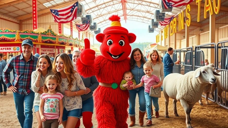 Colorful scenes from the NC State Fair promoting donate food for free admission.
