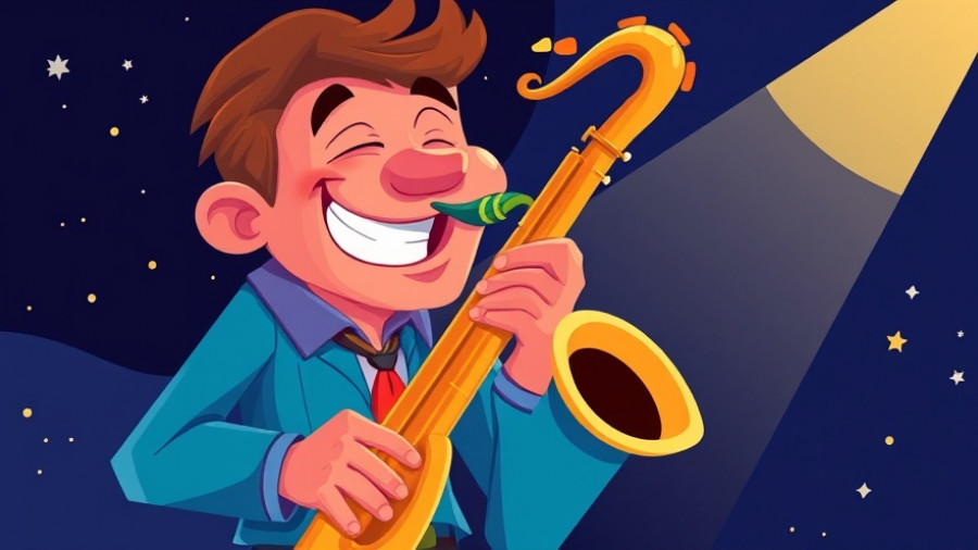 Colorful cartoon saxophonist under spotlight, free and cheap activities.