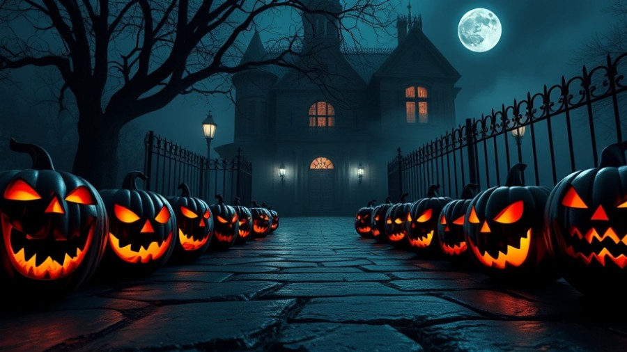 Glowing jack-o'-lanterns in front of a haunted house for Halloween events Cary