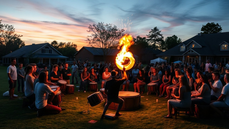 Cary drum circle event with fire performer in twilight