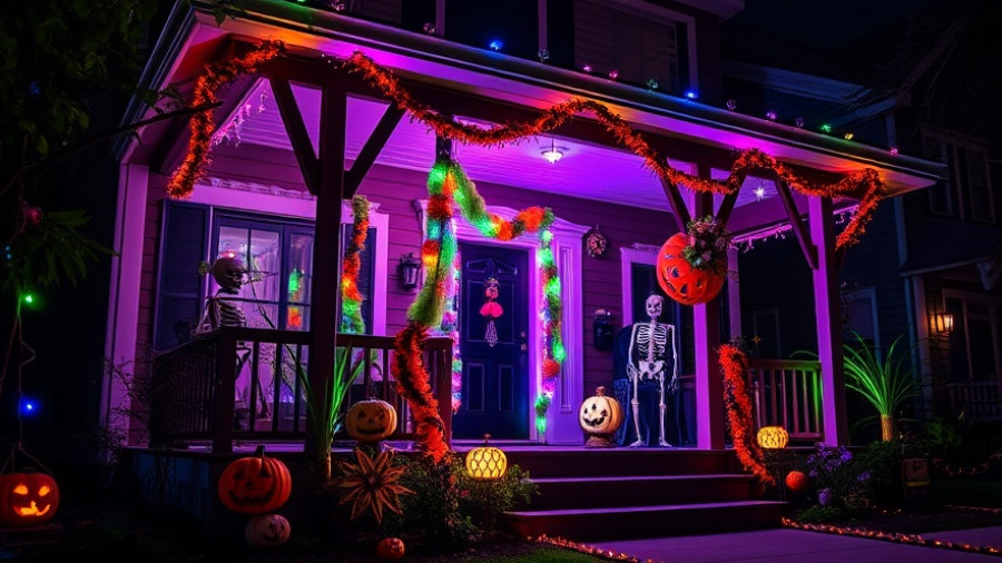 Best Halloween house displays in Triangle with colorful lights and skeletons.