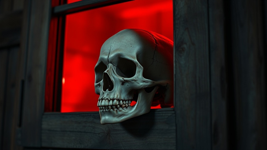 Spooky skull in red-lit window frame for Halloween bar crawls and costume parties.