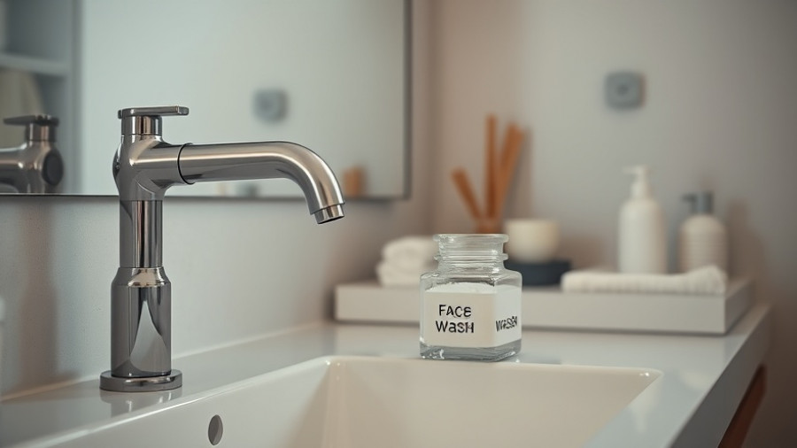 DIY face wash in jar on bathroom counter next to faucet.